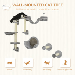 5PCs Cat Wall Shelves with Hammock, Scratching Posts, Perches, Ladder, for Indoor Cats, Light Grey