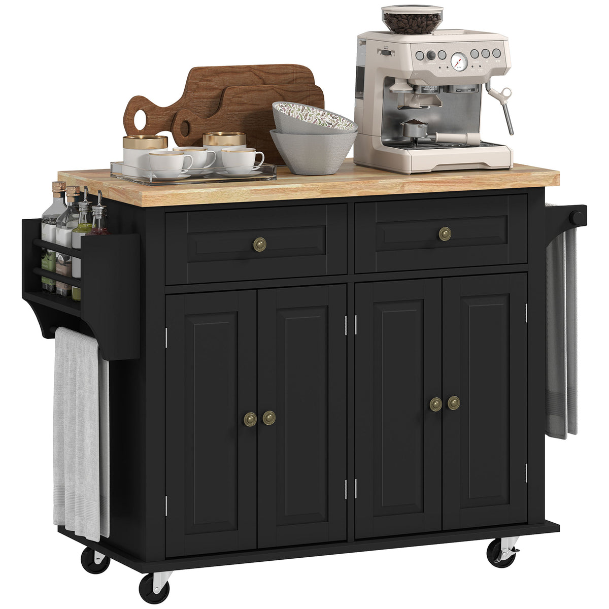 Kitchen Island with Storage, Rolling Trolley Cart with Rubber Wood Top, Spice Rack, Towel Rack, Brown Oak – view 8