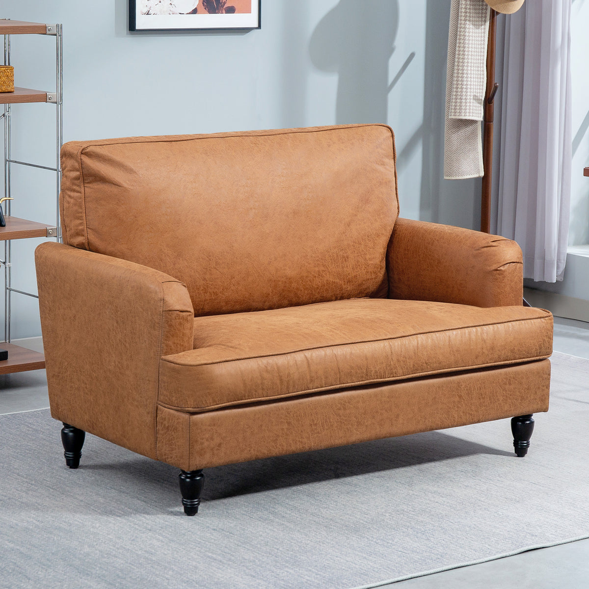 Modern Accent Chair, Leathaire Armchair with Turned Legs and Wide Seat, Comfy Chair for Living Room, Brown – view 7