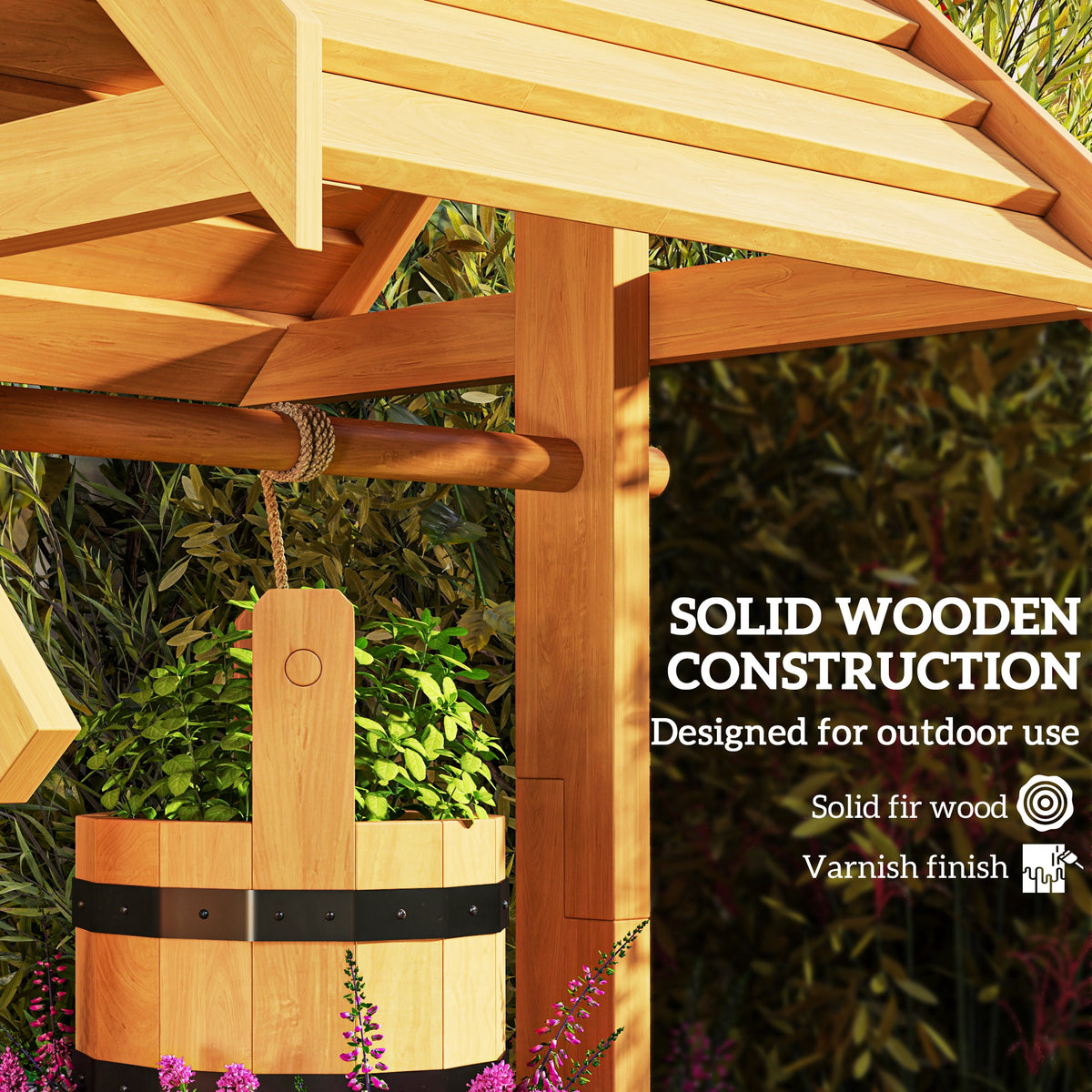 Wood Wishing Well Outdoor Wooden Planter with Hanging Bucket and Drainage Hole for Garden, Patio, Backyard, Natural