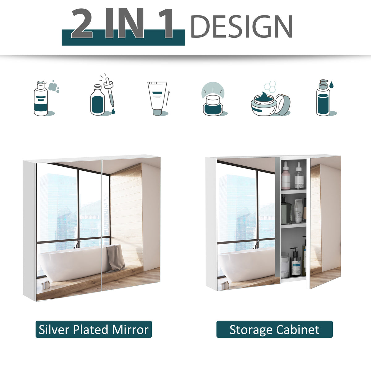 Wall Mounted Mirror Cabinet, Bathroom Medicine Cabinet with Mirror, 2 Doors and 3-tier Shelving, Silver