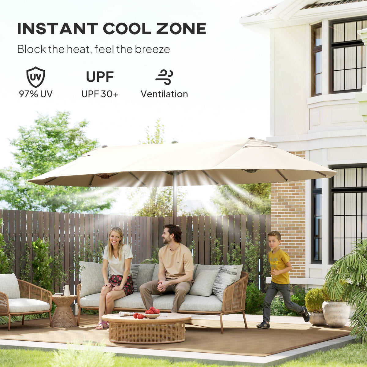 15' Outdoor Patio Umbrella with Twin Canopy Sunshade Steel Table Umbrella with Lift Crank Beige