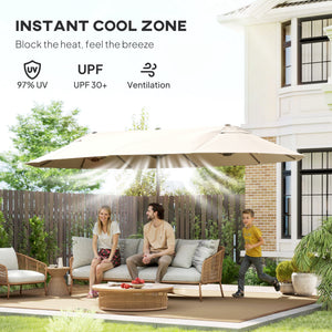 15' Outdoor Patio Umbrella with Twin Canopy Sunshade Steel Table Umbrella with Lift Crank Beige