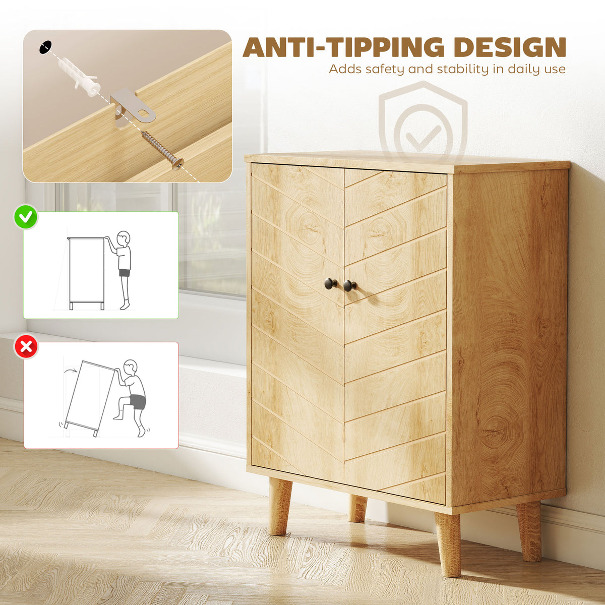 Storage Cabinet with Doors, Cupboard Organization with Shelf and Wood Legs, Storage Solution for Living Room, Bathroom
