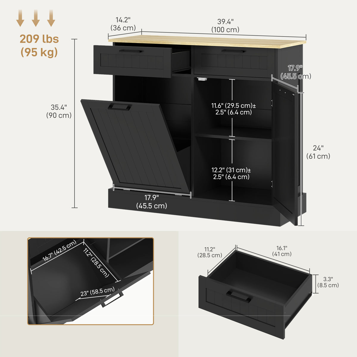 Hidden Garbage Bin Cabinet, Tilt Out Trash Cabinet w/ 2 Drawers, Freestanding Kitchen Island for Laundry – view 2