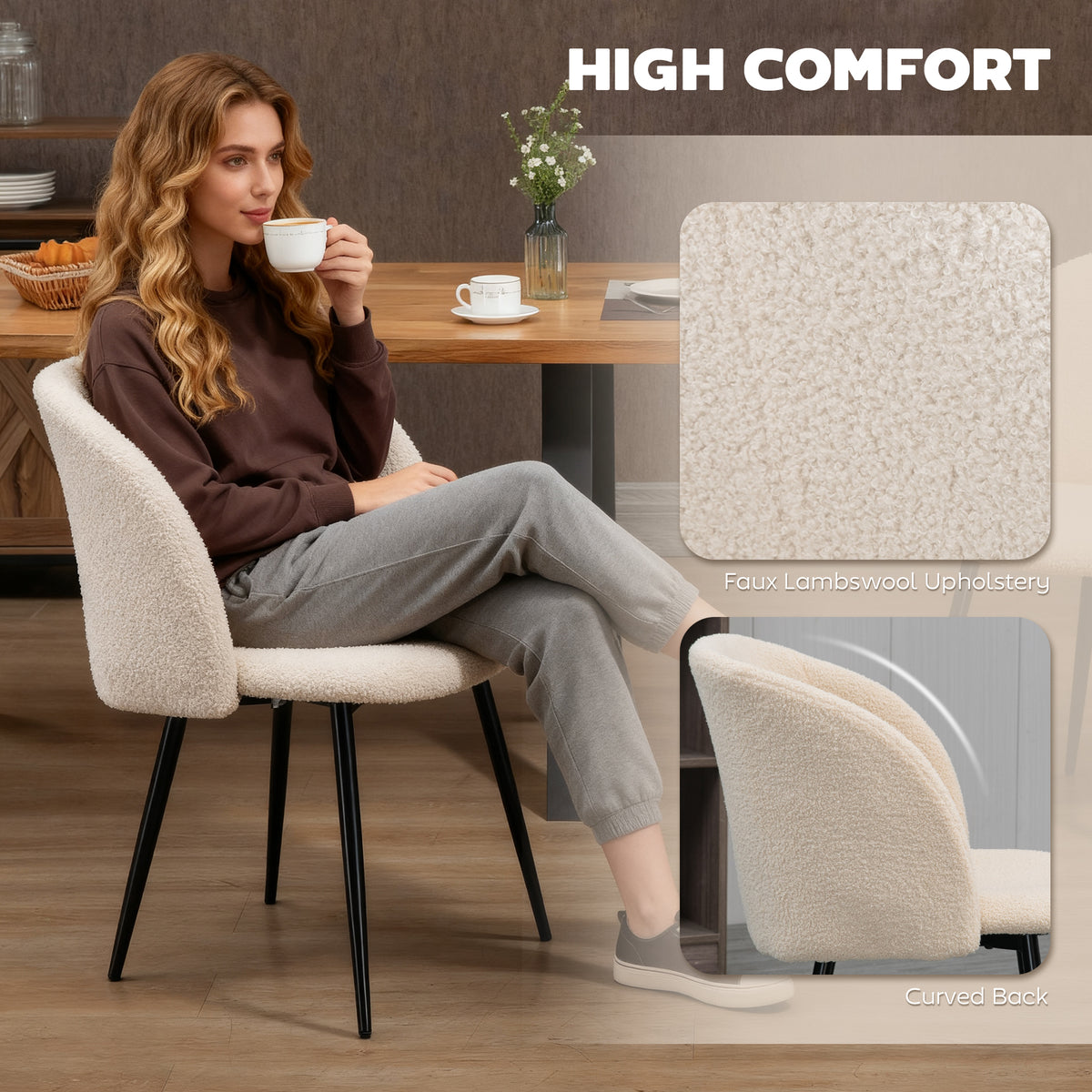 Dining Chairs Set of 2, Sherpa Fleece Upholstered Kitchen Chairs with Backrest and Steel Legs, Cream White