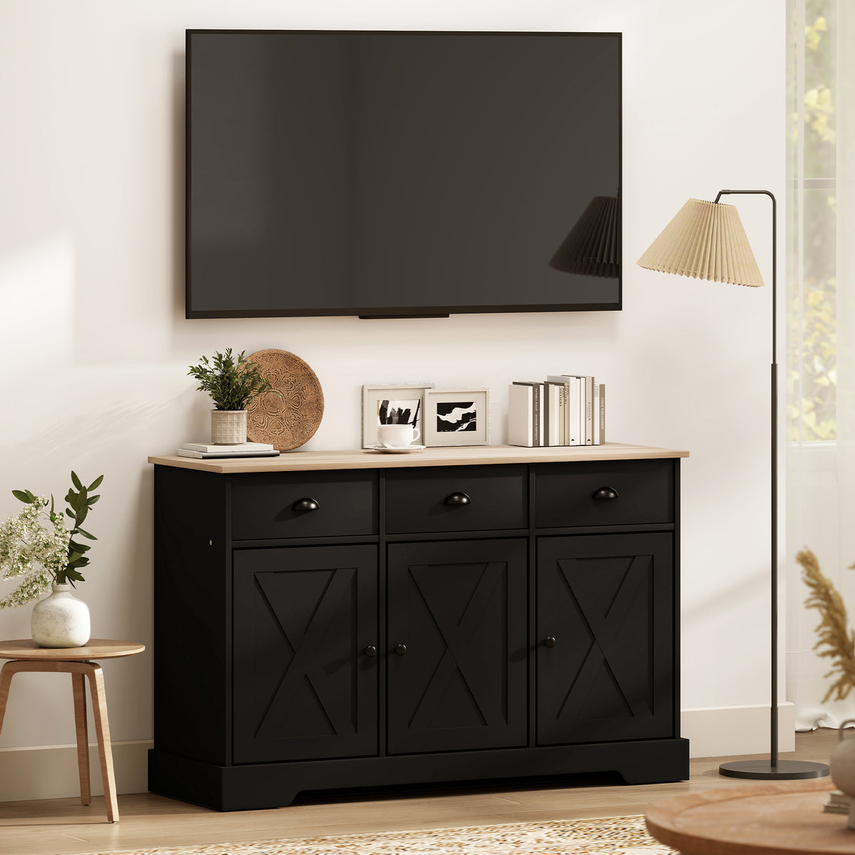 46.5" Buffet Cabinet, Farmhouse Sideboard with 3 Barn Doors and 3 Drawers for Living Room, Kitchen, Black – view 6
