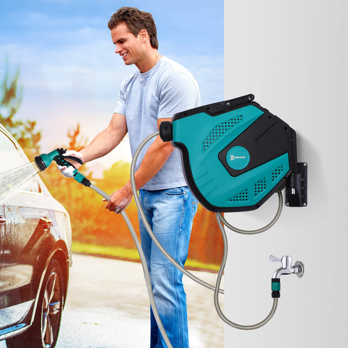 Retractable Garden Hose Reel 1/2" x 49 ft Wall Mounted with Automatic Rewind, 180° Swivel Bracket, Any Length Lock, 7 Pattern Hose Nozzle