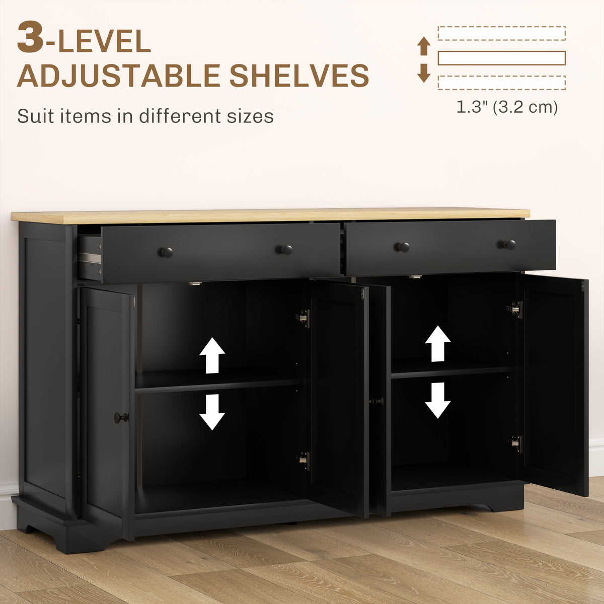 Modern Sideboard, Buffet Cabinet with Storage Drawers, Adjustable Shelves for Living Room, Dining Room, Entryway, Black