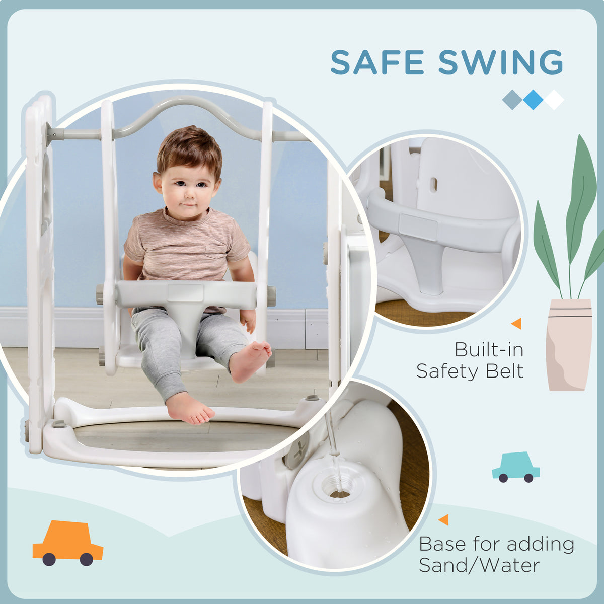 Qaba 6-in-1 Slide and Swing Set Baby Swing Playset Indoor with Basketball Hoop, Climber, Storage Space, Telescope