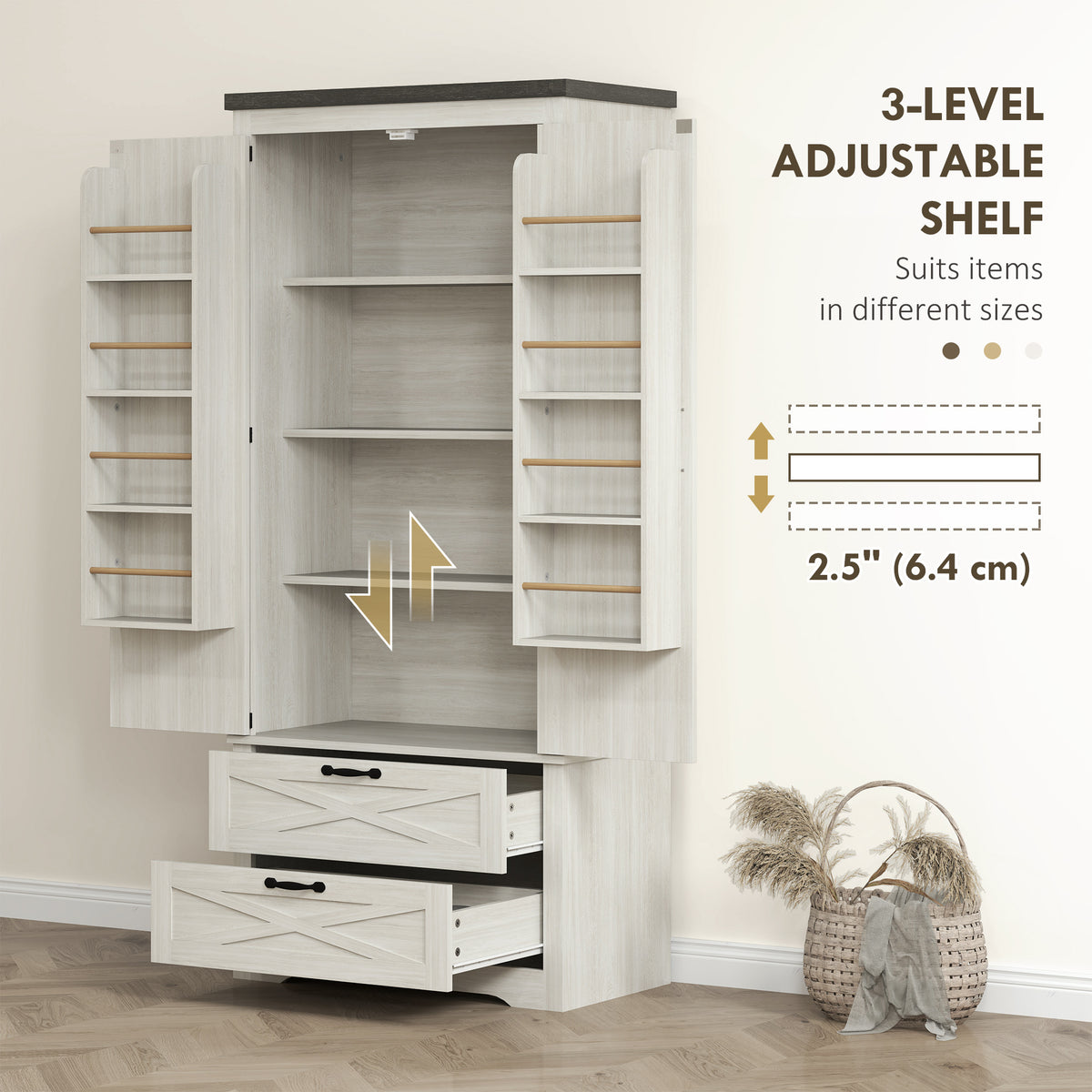 Farmhouse Kitchen Pantry Storage Cabinet, 64" Freestanding Kitchen Pantry Cabinet with Drawers – view 26