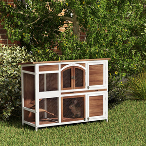 Two-Tier Wooden Rabbit Hutch with Openable Roof, Slide-Out Tray