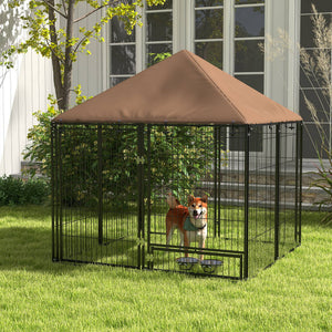 4.6' x 4.6' x 5' Outdoor Dog Kennel with Canopy, Rotating Bowls, Coffee – view 7