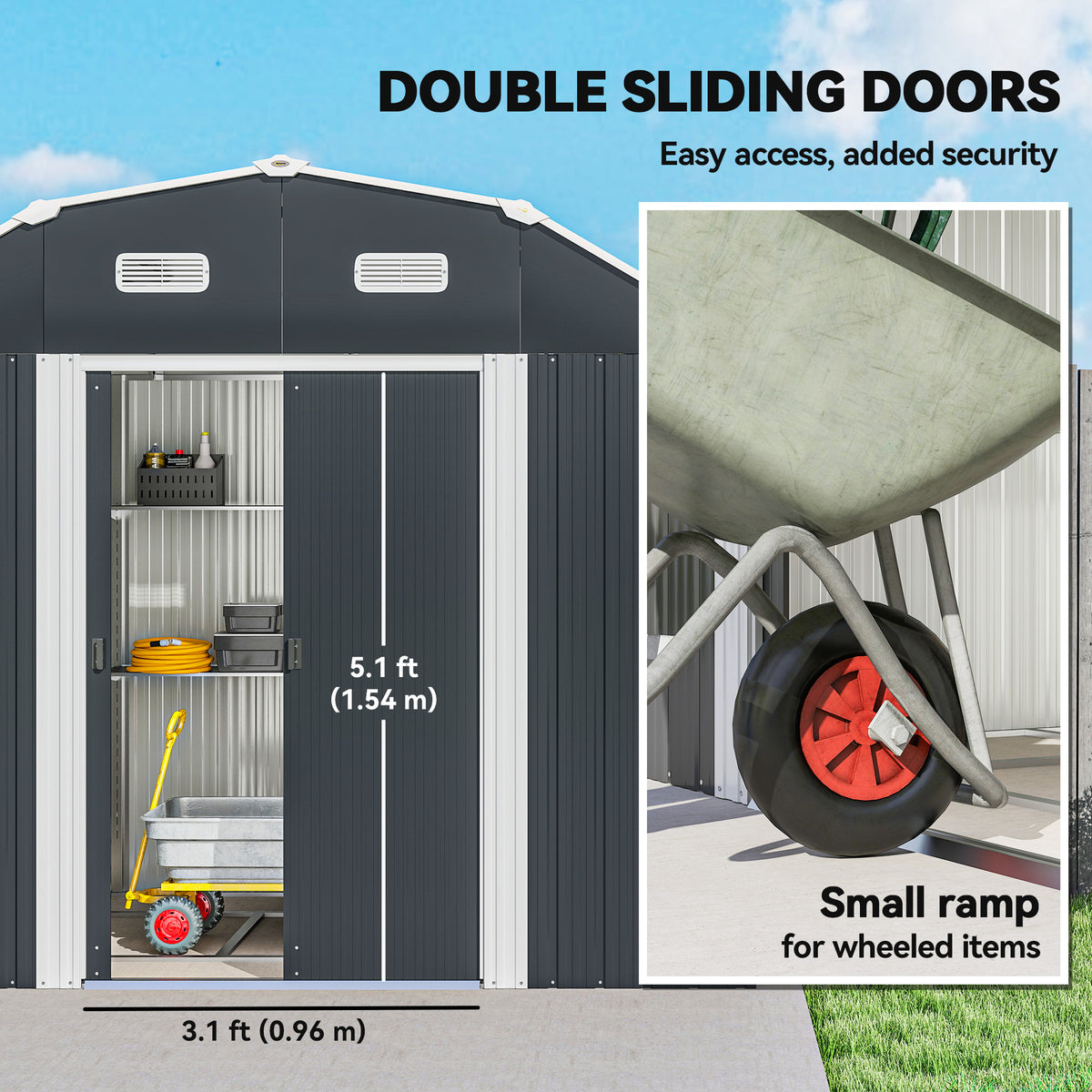 8' x 4' Galvanized Outdoor Storage Shed, Garden Shed with Adjustable Shelves, Double Sliding Doors and Vents