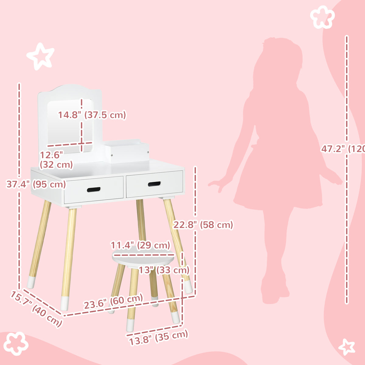 Qaba Kids Vanity Set with Mirror and Stool, Makeup Dressing Table with Drawers for Children Aged 3-6 Years, White