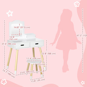 Qaba Kids Vanity Set with Mirror and Stool, Makeup Dressing Table with Drawers for Children Aged 3-6 Years, White