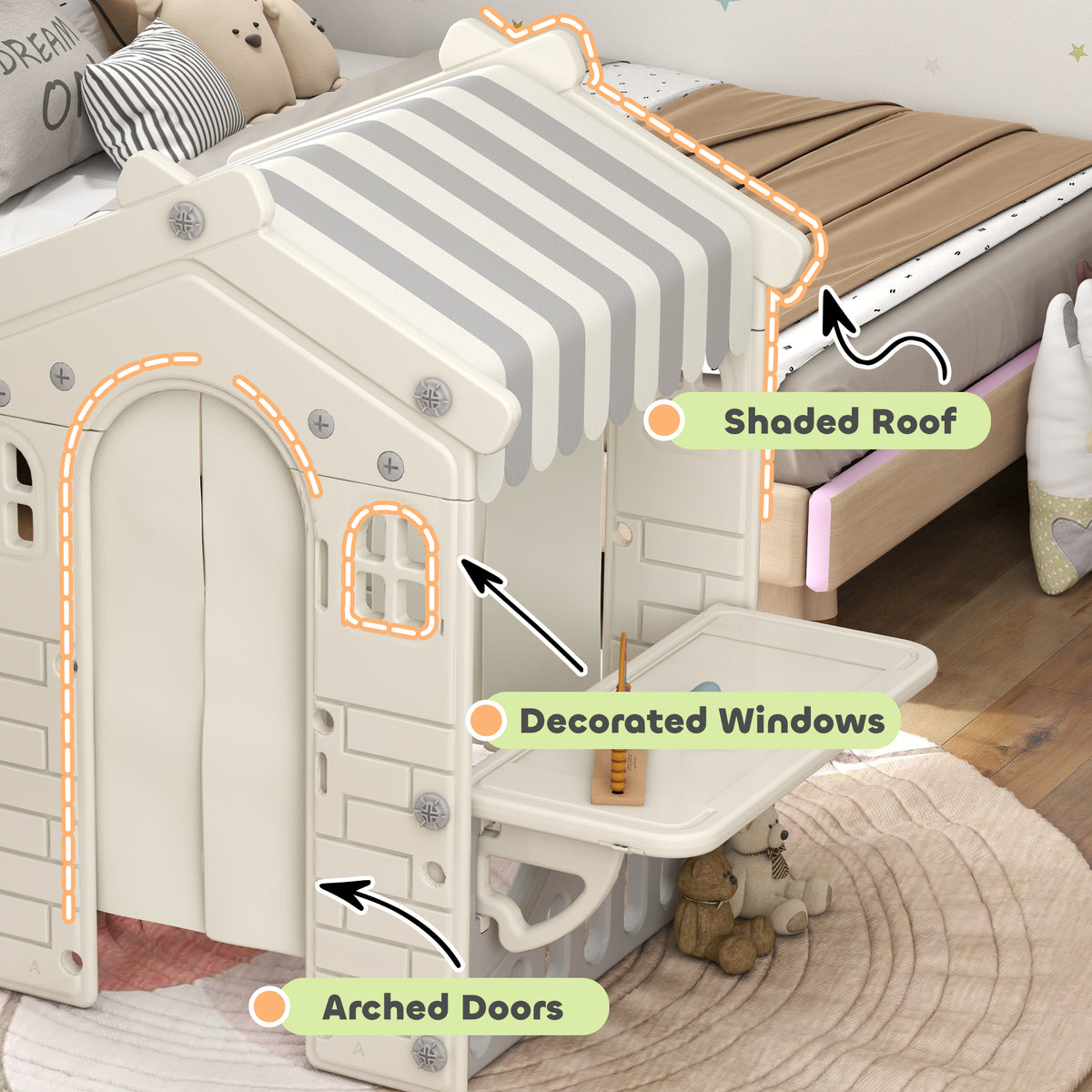 Qaba Kids Playhouse, Indoor Sleek Play House Cottage Pretend Role Games, with Arched Doors, for Ages 1-6 Years