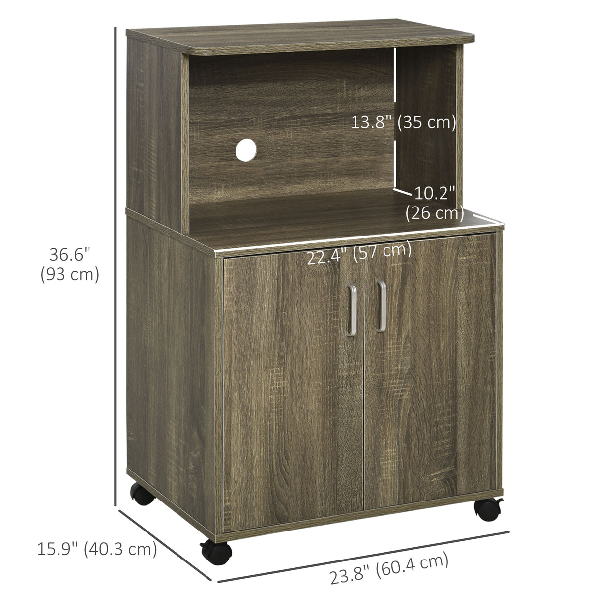 Microwave Cart on Wheels Utility Trolley Storage Sideboard Bookcase with 2-door Cabinet, Grey Wood Grain