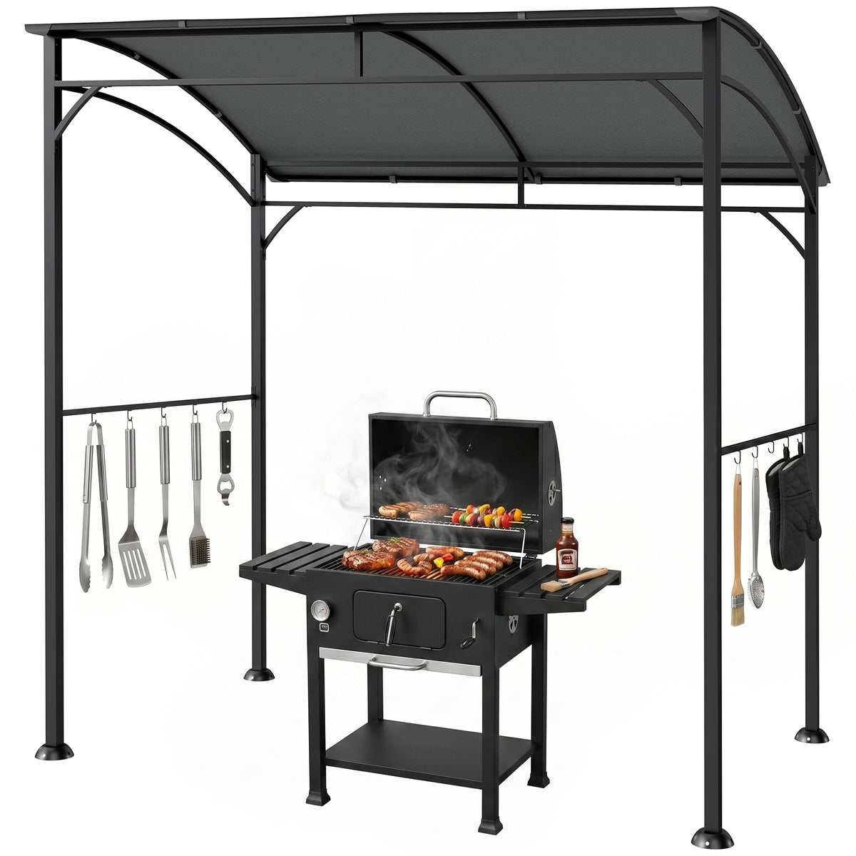 7' x 5' BBQ Grill Gazebo Tent, Garden Grill Canopy with Steel Frame and Hooks, Outdoor Sun Shade, Grey – view 36
