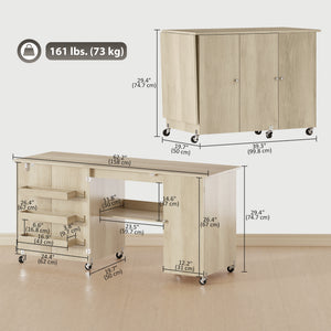 Sewing Machine Table with Drop Leaf, Folding Craft Table with 2 Doors and Adjustable Shelf for Small Spaces, Brown
