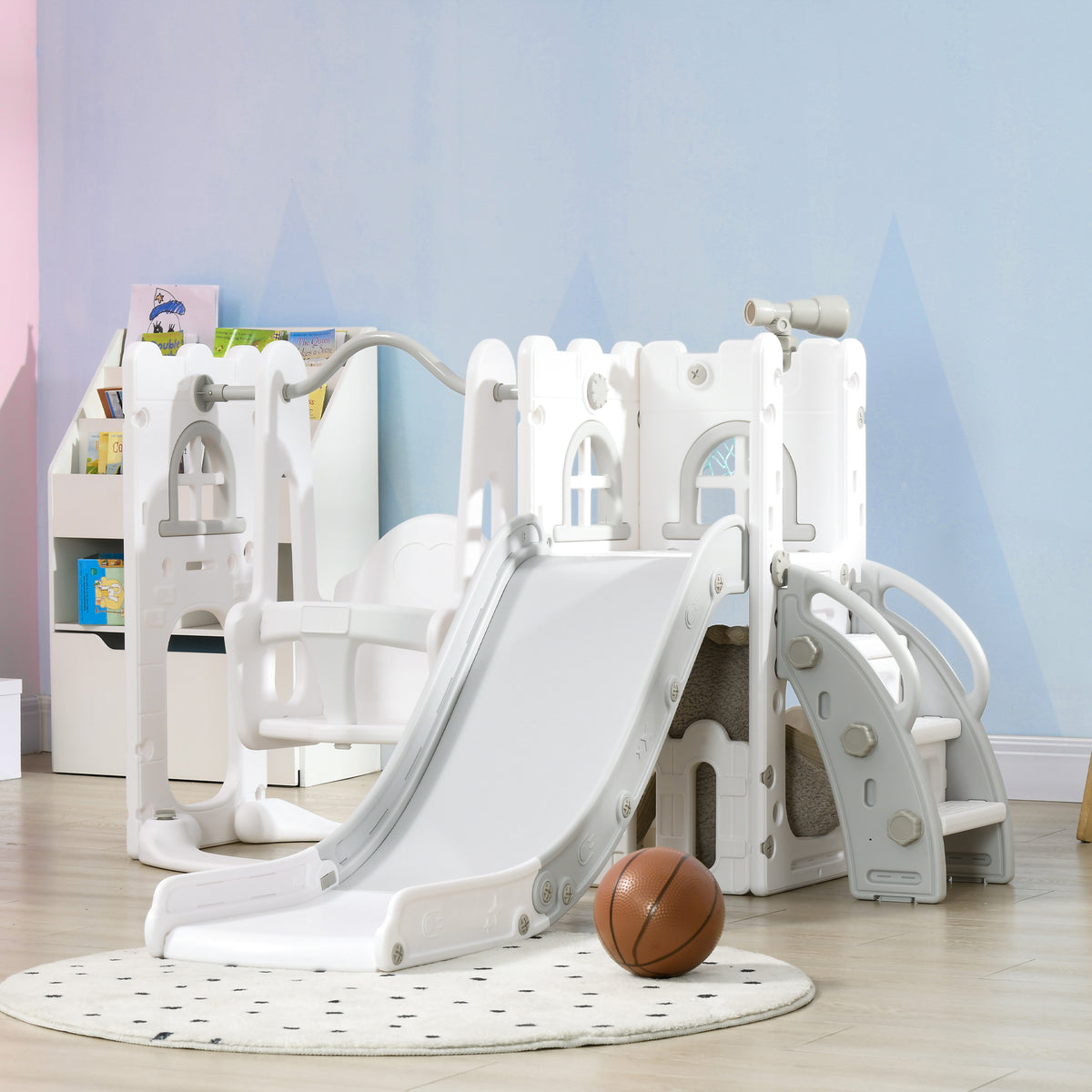 Qaba 6-in-1 Slide and Swing Set Baby Swing Playset Indoor with Basketball Hoop, Climber, Storage Space, Telescope