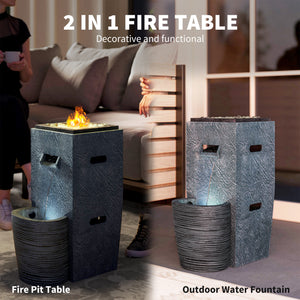 16.5" x 11" x 22.4" Propane Fire Pit Table with Fountain, 15000 BTU Outdoor Gas Fire Table with LED Light Adjustable Water Flow, Fire Fountain Water with Glass Rocks, Grey