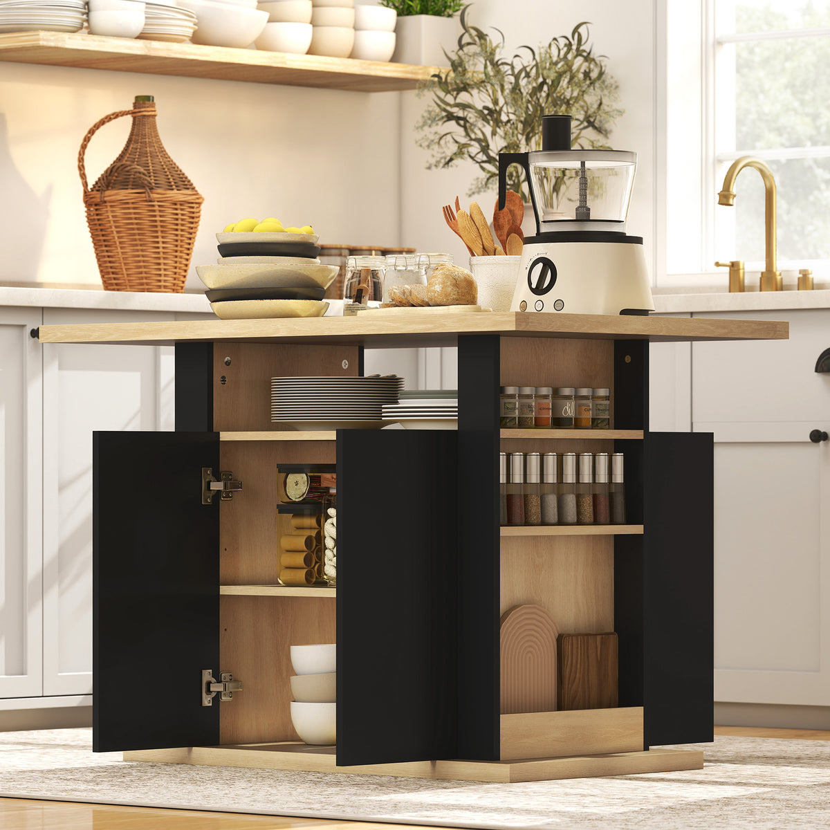 Kitchen Island Dining Table with Storage Cabinet, Large Tabletop for 4 People, 4-Door Cupboard & Shelves, Black