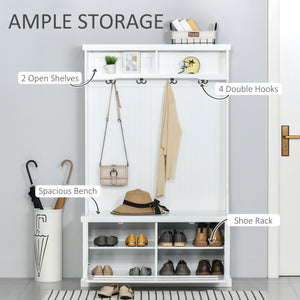 64.5" H Hall Tree with Storage Drawer & Top Shelf, Coat Rack Wooden Entryway Storage Bench Hall Tree Hallway Clothes Bag Coat Rack 4 Hooks, White