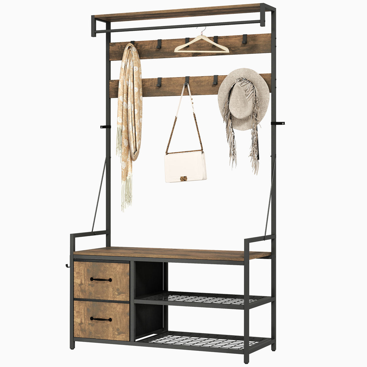 6-In-1 Hall Tree with Shoe Storage, Coat Rack Shoe Storage with 10 Hooks, 2 Fabric Drawers, Rustic Brown