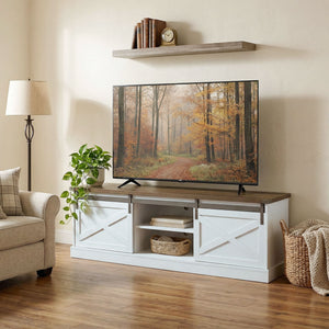 TV Stand for TVs up to 65 Inch, Entertainment Center with Shelves, Cabinets, Sliding Barn Doors, Thick Top, White