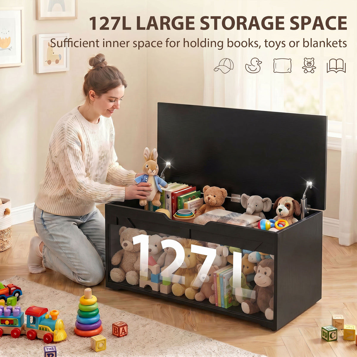 39.4 Inches Storage Chest, Storage Trunk with 2 Safety Hinges for Living Room, White Wood Grain