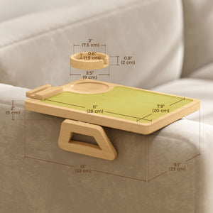 Couch Arm Tray, Clip-On Side Table with 360° Rotating Phone Holder and Removable Cup Holder, Natural