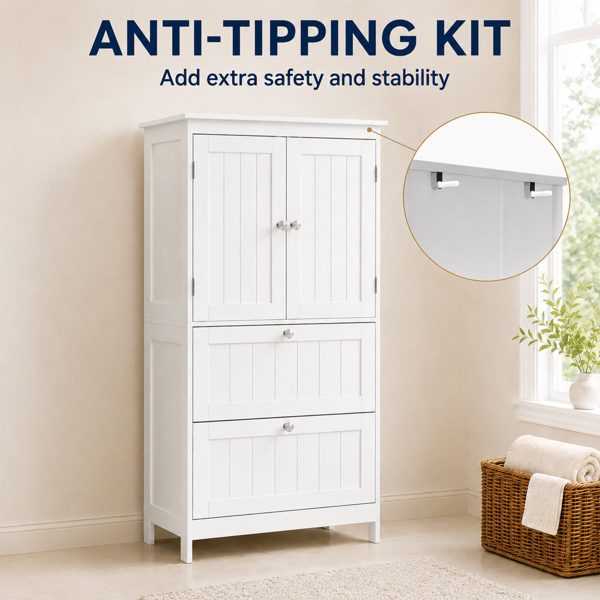 Bathroom Storage Cabinet, Narrow Bathroom Cabinet with  2 Drawers, Adjustable Shelf for Living Room, Entryway, White