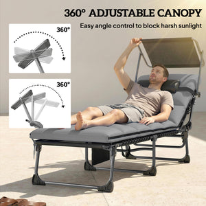 Outdoor Chaise Lounge Chairs, 2 PCS Folding Lounge Chairs with Adjustable 5-Position, Cushion, Canopy, Side Pocket
