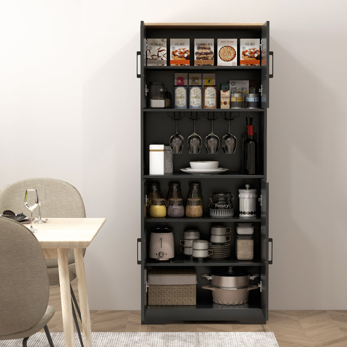 Farmhouse Kitchen Pantry, 68" Freestanding Hutch Storage Cabinet with Microwave Oven Countertop, Black – view 6