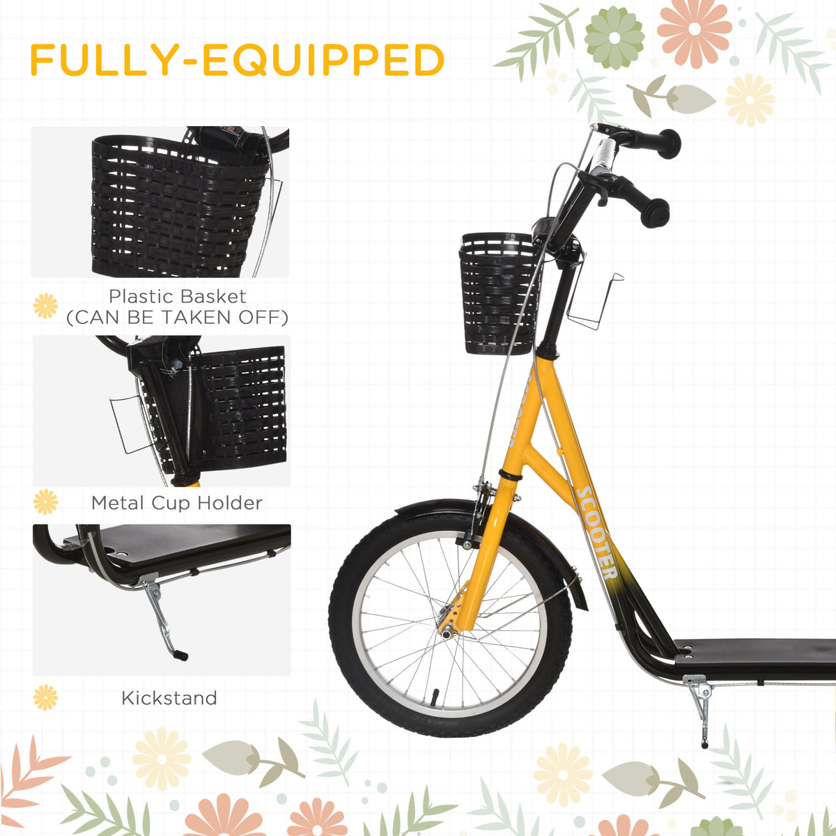 Aosom Kick Scooter with Adjustable Handlebar, Kids Scooter with 2 Brakes Basket Cupholder 16" Inflatable Rubber Tyres