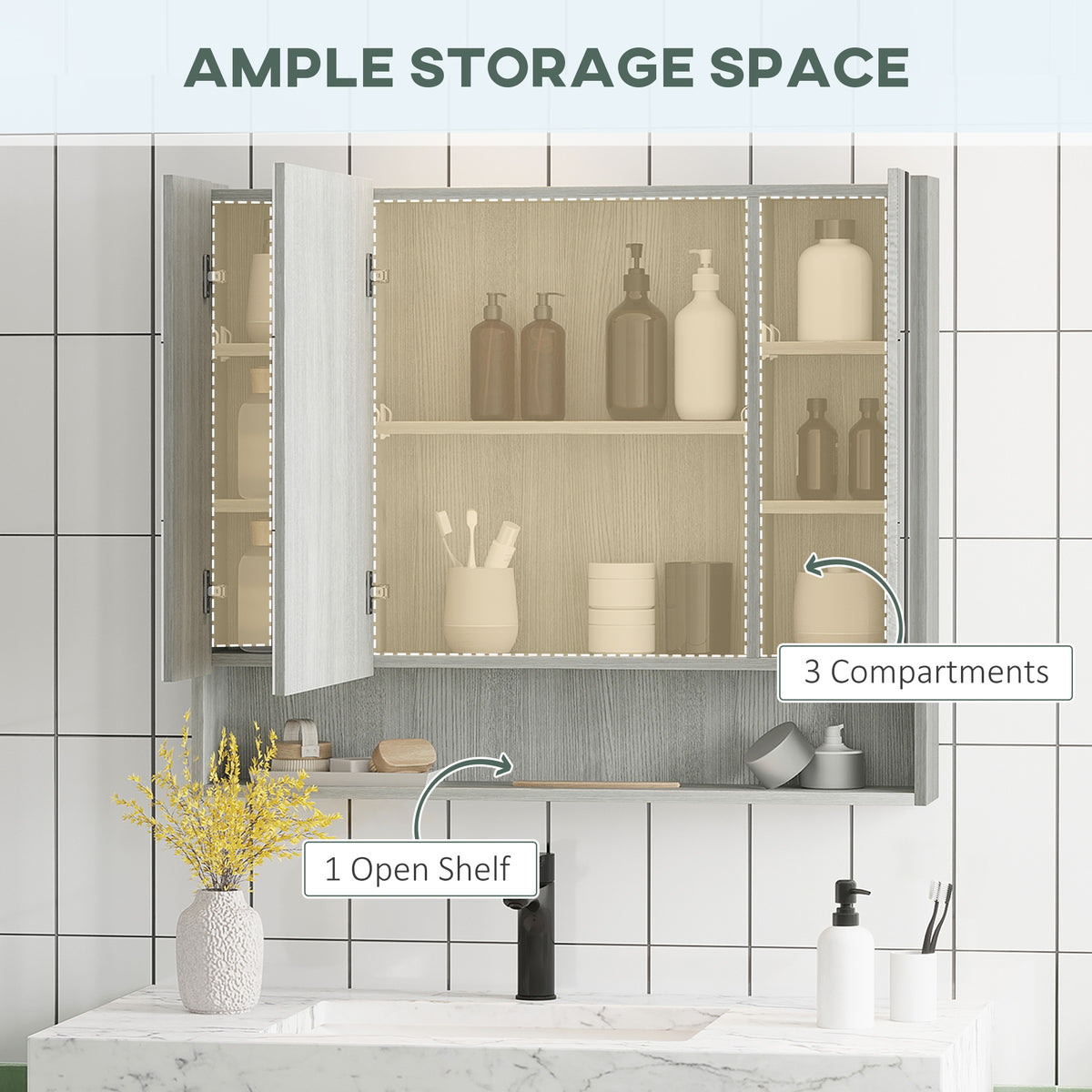Wall Mounted Bathroom Medicine Cabinet with Mirror and Adjustable Shelves, Grey – view 3