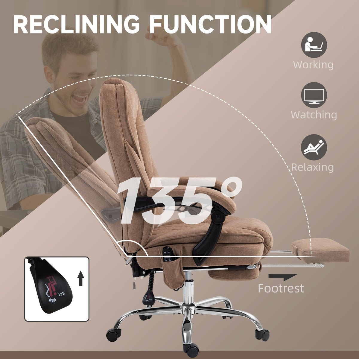 Massage Office Chair, Reclining Computer Chair with Adjustable Height and Footrest, Brown