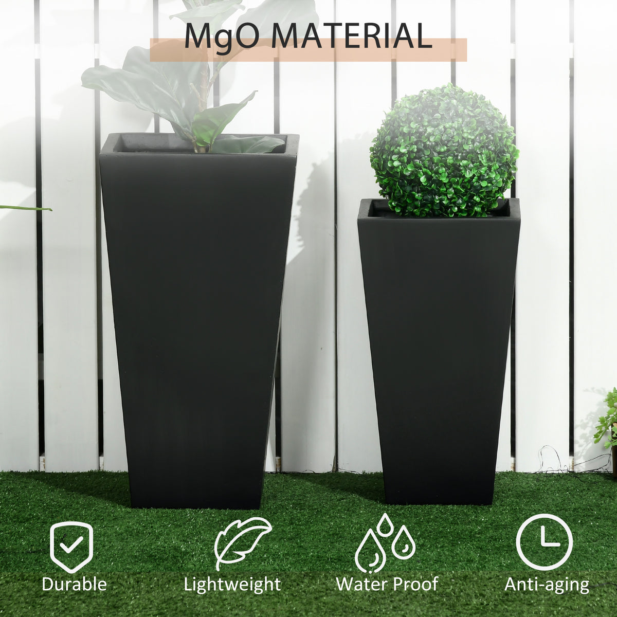 Set of 2 Tall Planters with Drainage Holes, 22" / 18" Outdoor Flower Pots for Patio, Yard, Garden, Black – view 4