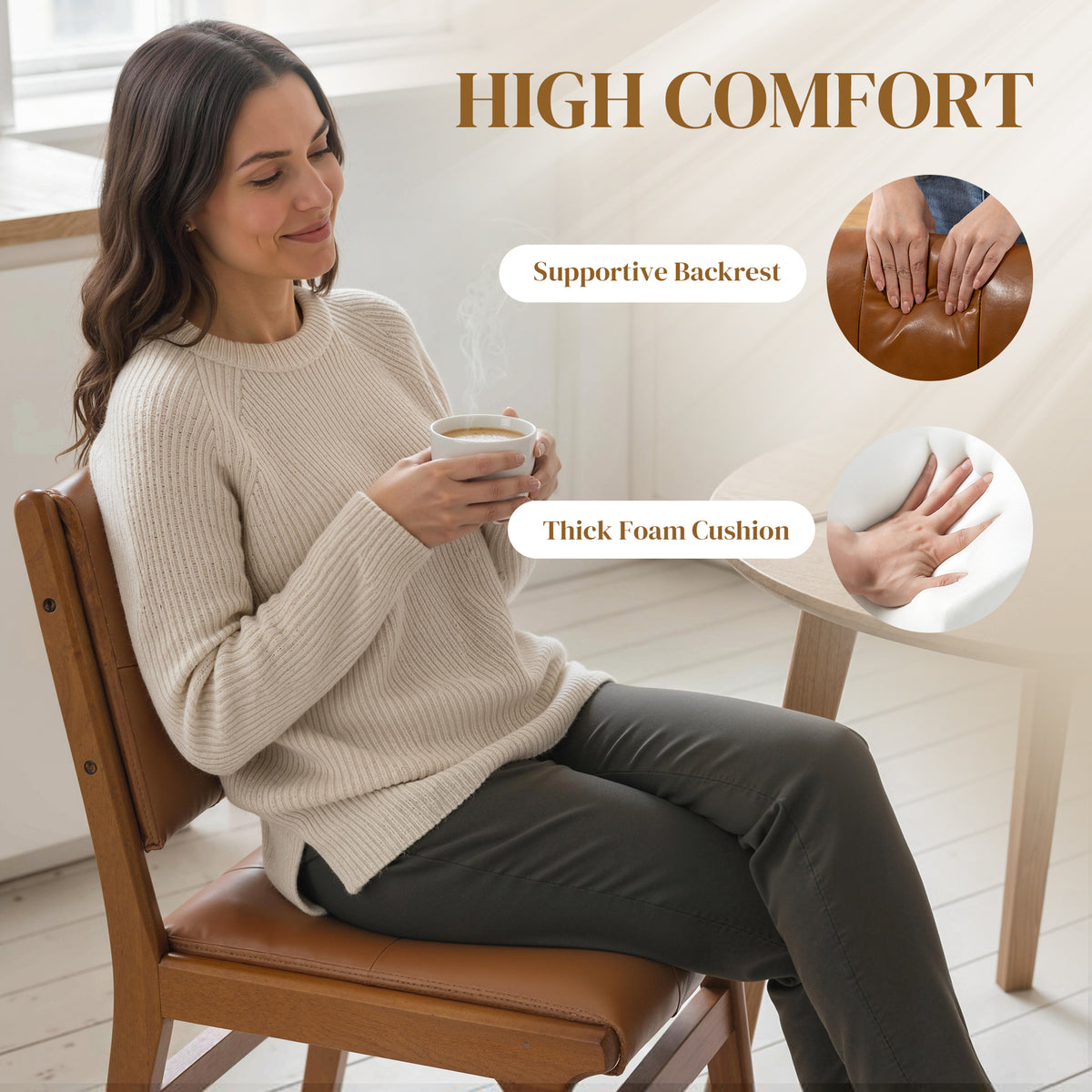 Set of 2 Kitchen Chairs, Button Tufted PU Leather Upholstered Dining Chairs with Rubberwood Legs for Dining Room, Brown