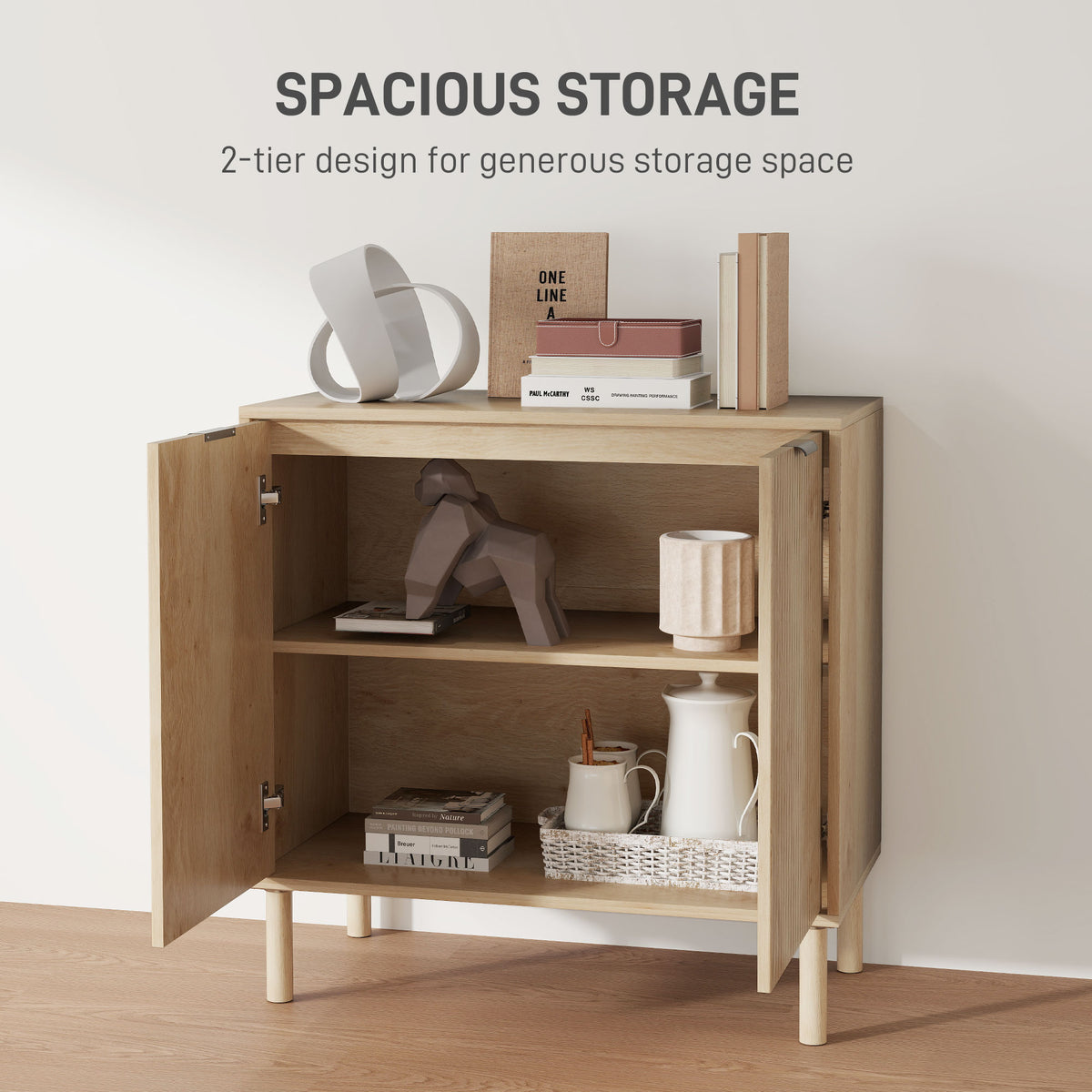 Accent Cabinet with Doors & Adjustable Shelf, Freestanding Console Cabinet with Wood Legs, Elevated Base for Living Room, Oak