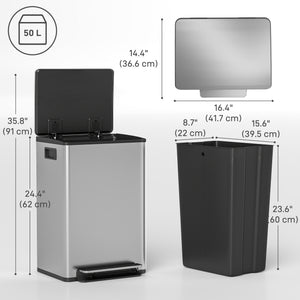 Trash Can with Soft-Close Lid, Garbage Can with Removable Inner Bucket for Kitchen 13.2 gal/50 L, Silver