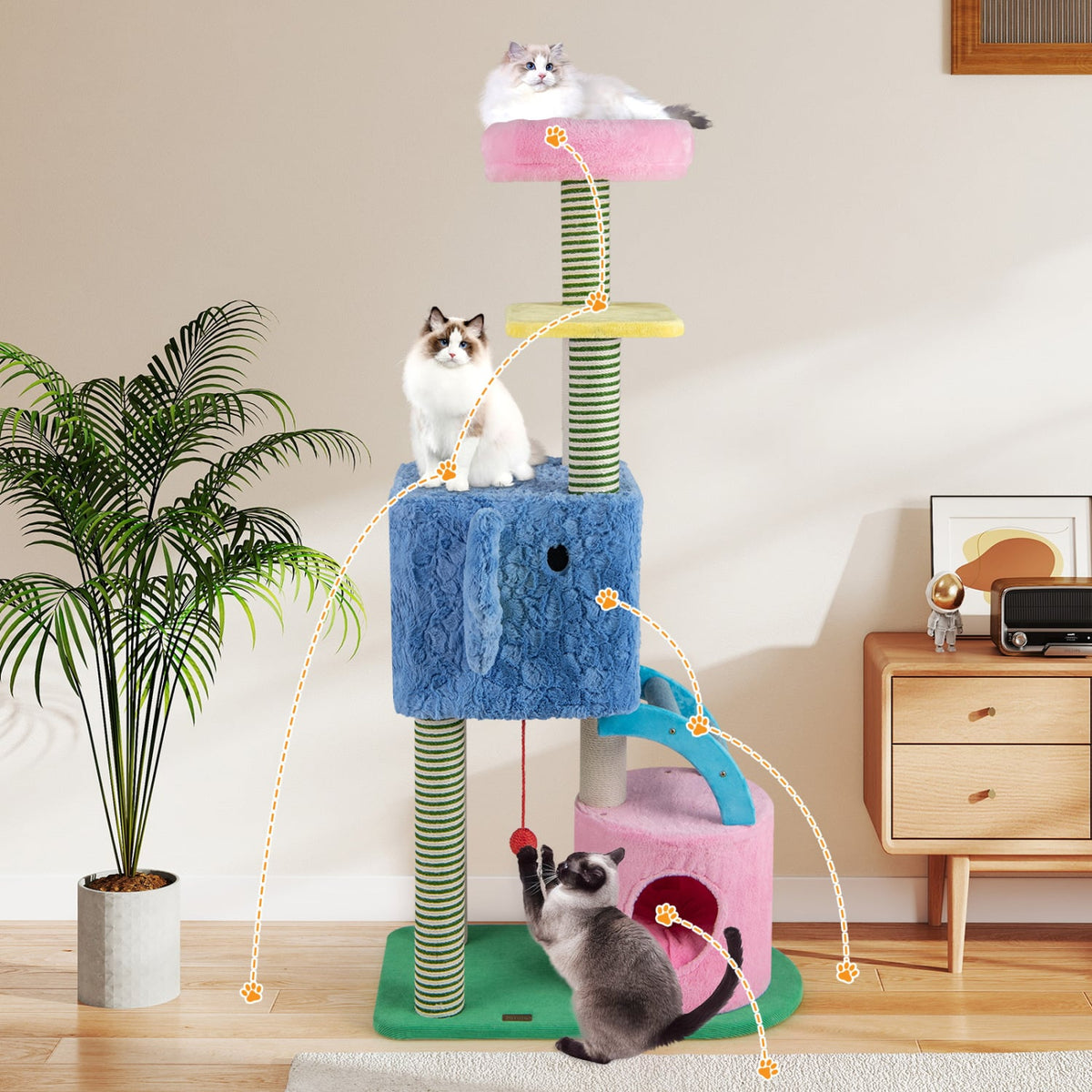 Elephant Themed Cat Tree for Adult Cats Multi-level Kitty Tower with 2 Condos-Blue view 2