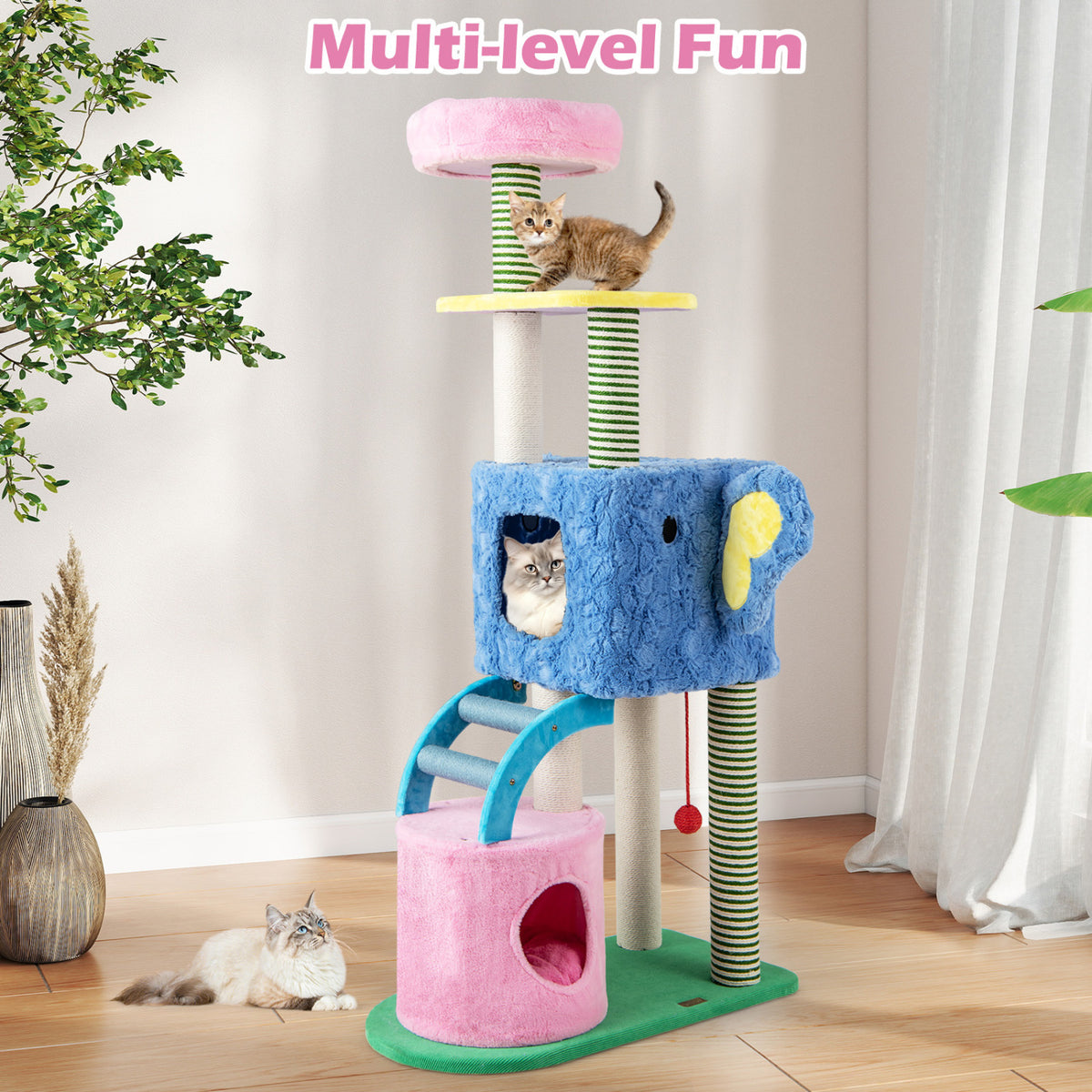 Elephant Themed Cat Tree for Adult Cats Multi-level Kitty Tower with 2 Condos-Blue view 9