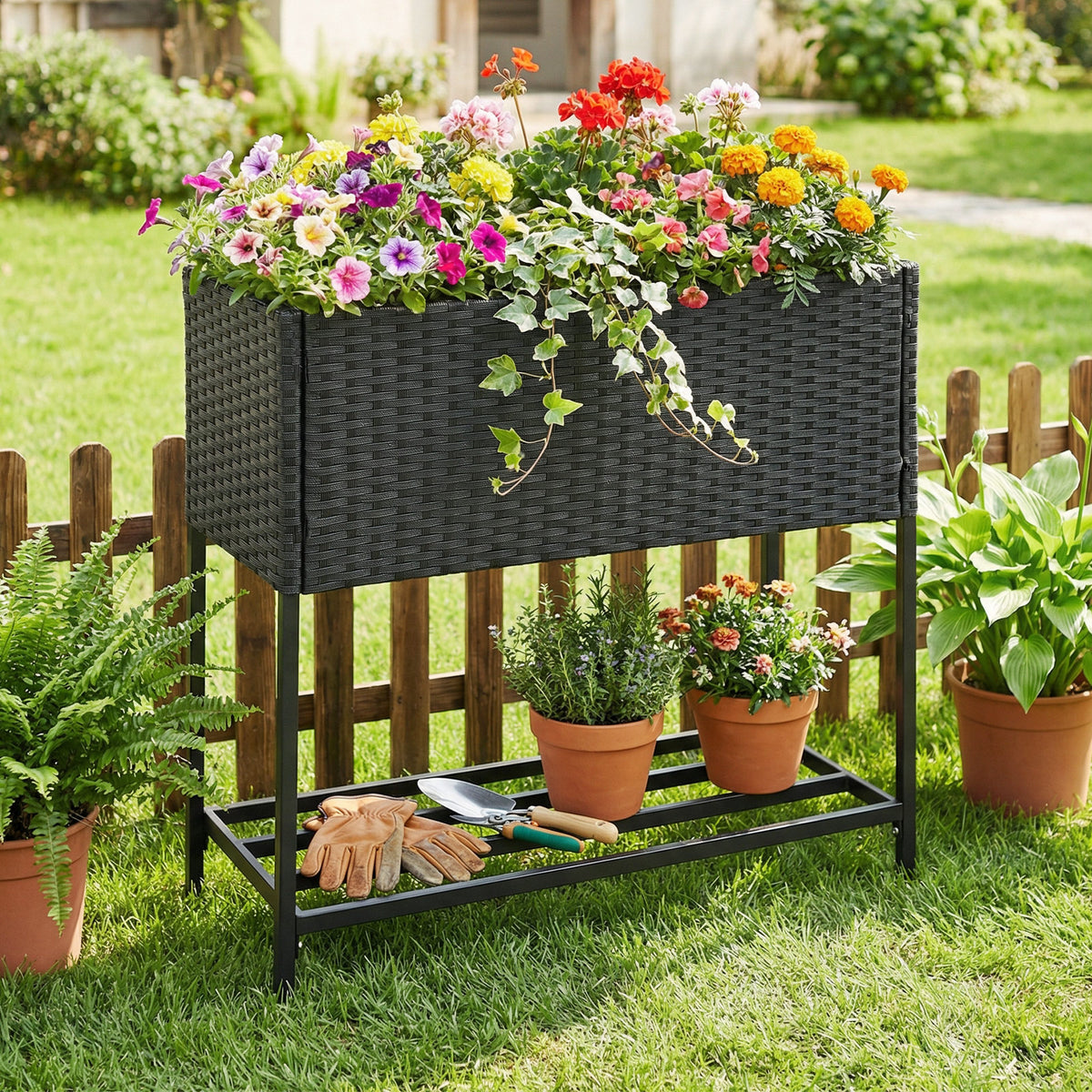 Elevated Garden Planter with Rattan Finish Bottom Shelf-Black view 2