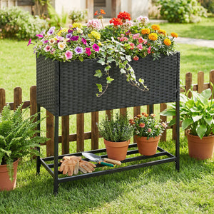 Elevated Garden Planter with Rattan Finish Bottom Shelf-Black view 2