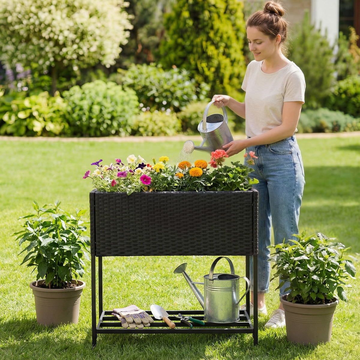 Elevated Garden Planter with Rattan Finish Bottom Shelf-Black view 3