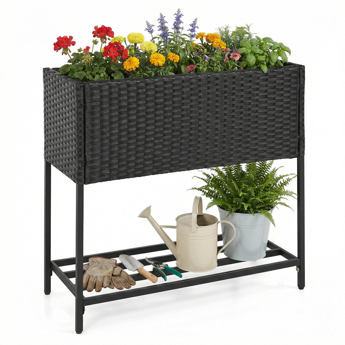 Elevated Garden Planter with Rattan Finish Bottom Shelf-Black view 4