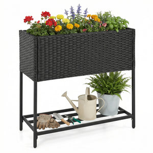 Elevated Garden Planter with Rattan Finish Bottom Shelf-Black view 4