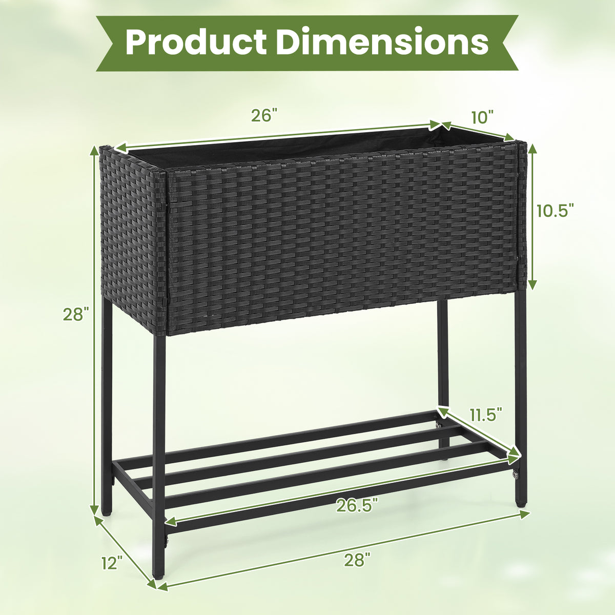 Elevated Garden Planter with Rattan Finish Bottom Shelf-Black view 5